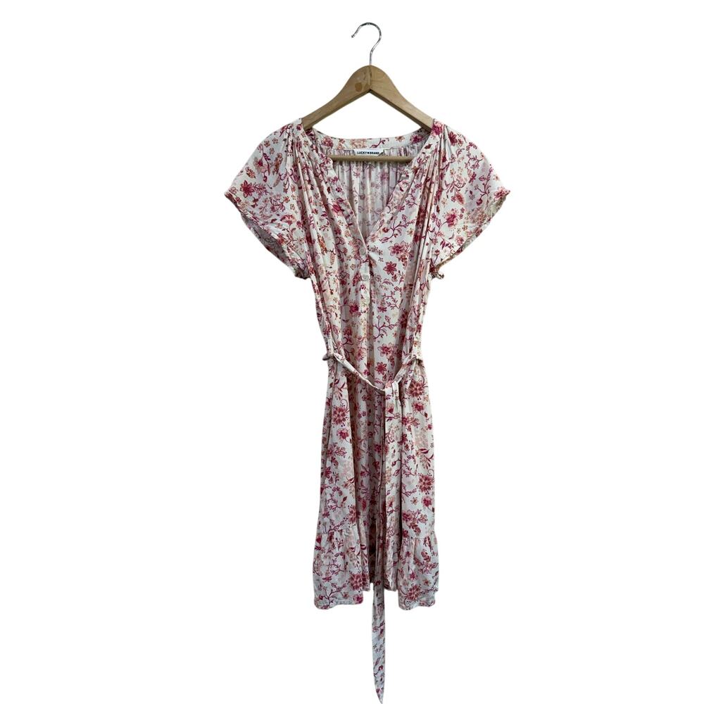 Lucky Brand Floral Belted Boho Cottagecore Mini Dress 100% Rayon Size M